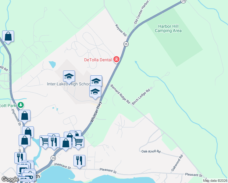 map of restaurants, bars, coffee shops, grocery stores, and more near 127 New Hampshire 25 in Meredith
