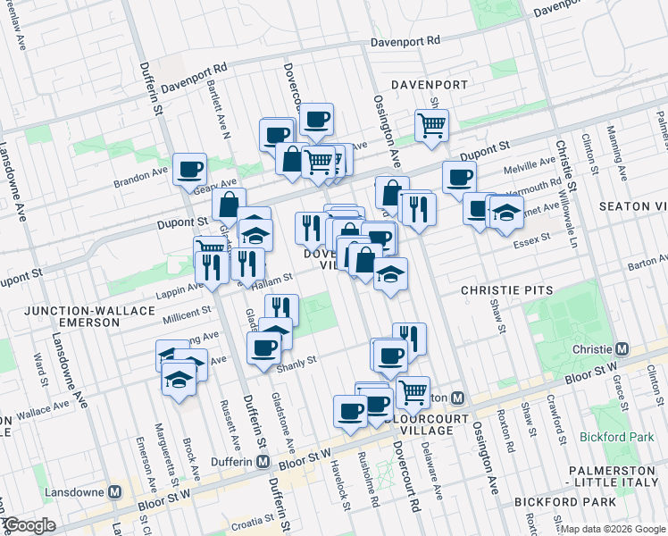 map of restaurants, bars, coffee shops, grocery stores, and more near 157 Hallam Street in Toronto
