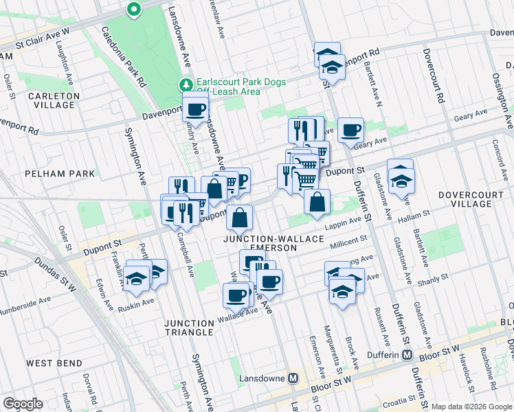 map of restaurants, bars, coffee shops, grocery stores, and more near 1341 Dupont Street in Toronto