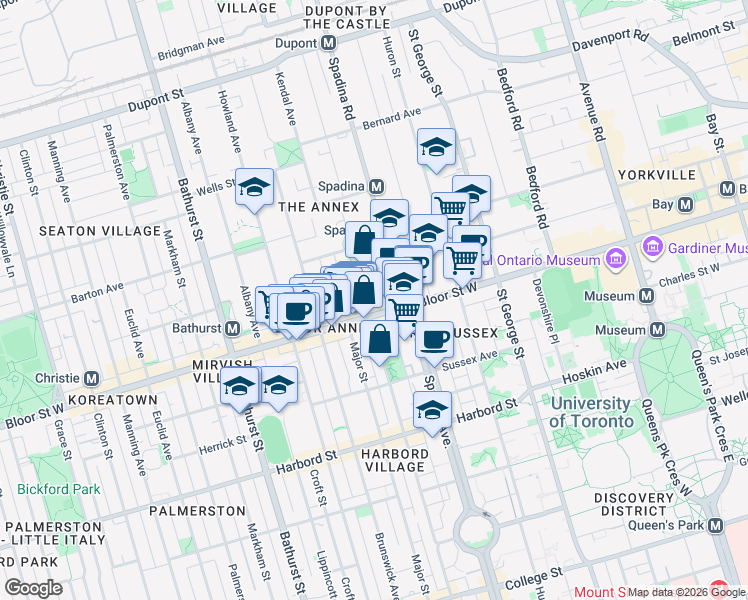 map of restaurants, bars, coffee shops, grocery stores, and more near 360 Bloor Street West in Toronto