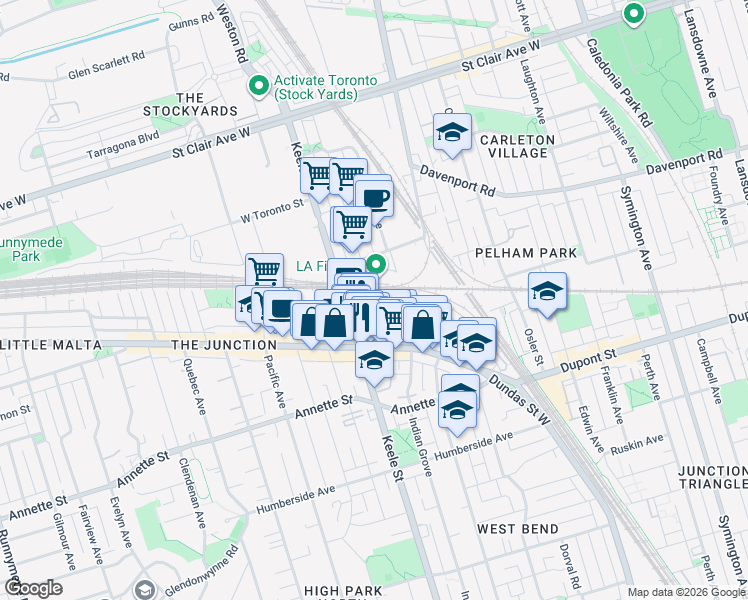 map of restaurants, bars, coffee shops, grocery stores, and more near 61 Heintzman Street in Toronto