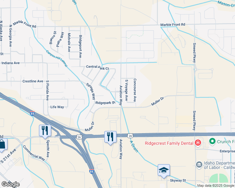 map of restaurants, bars, coffee shops, grocery stores, and more near 423 Berry Park Avenue in Caldwell