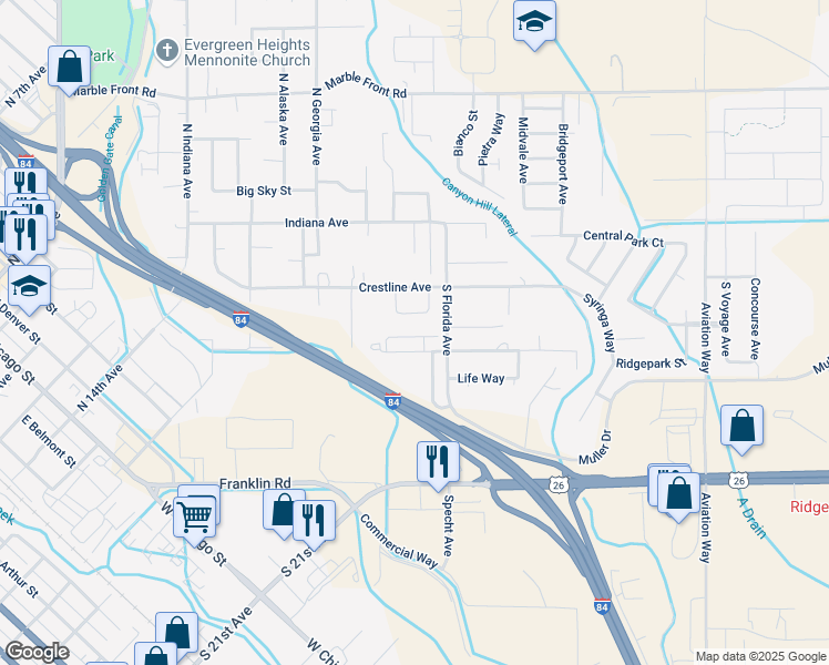 map of restaurants, bars, coffee shops, grocery stores, and more near 520 South Florida Avenue in Caldwell