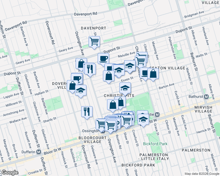map of restaurants, bars, coffee shops, grocery stores, and more near 954 Shaw Street in Toronto
