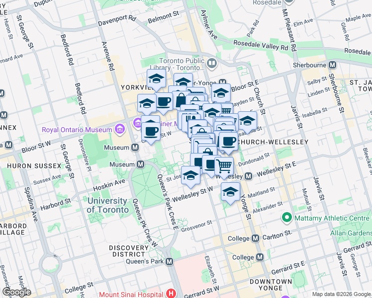 map of restaurants, bars, coffee shops, grocery stores, and more near 50 Saint Joseph Street in Toronto