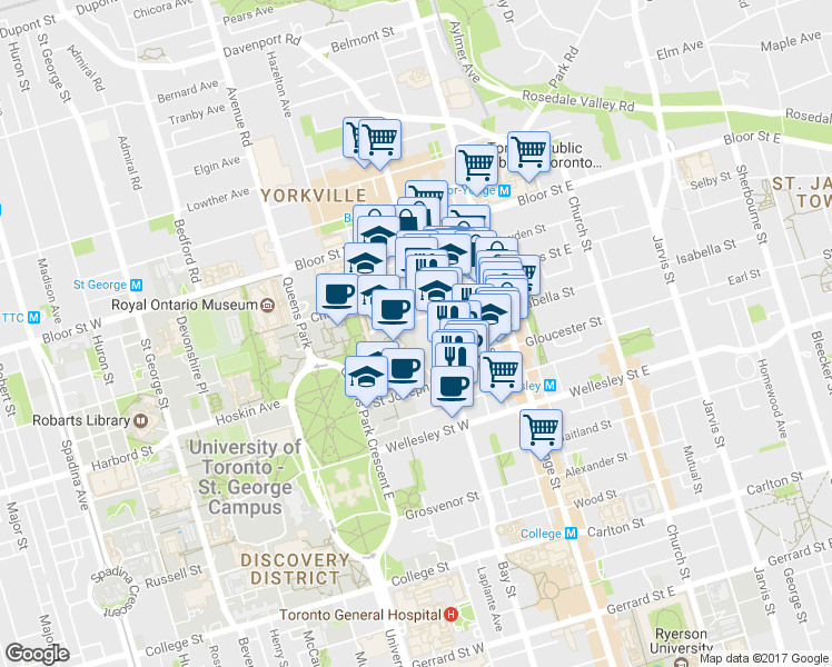 map of restaurants, bars, coffee shops, grocery stores, and more near 1038 Bay Street in Toronto