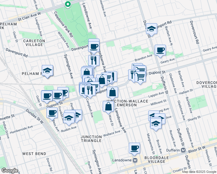 map of restaurants, bars, coffee shops, grocery stores, and more near 1400 Dupont Street in Toronto