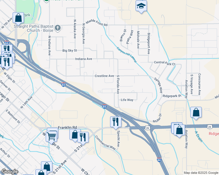map of restaurants, bars, coffee shops, grocery stores, and more near 520 South Florida Avenue in Caldwell