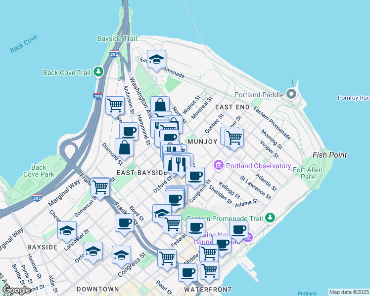 map of restaurants, bars, coffee shops, grocery stores, and more near 125 Sheridan Street in Portland