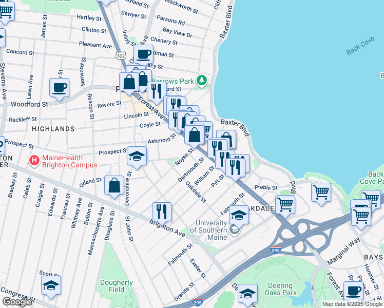 map of restaurants, bars, coffee shops, grocery stores, and more near 10 Freeman Street in Portland