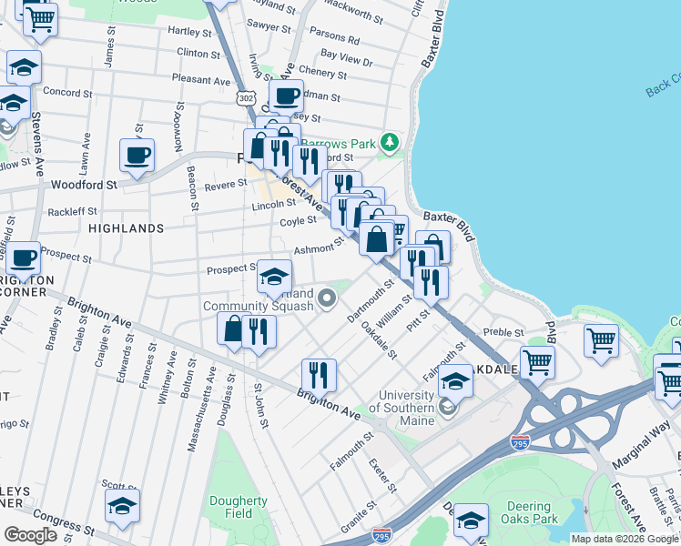 map of restaurants, bars, coffee shops, grocery stores, and more near 10 Longfellow Street in Portland