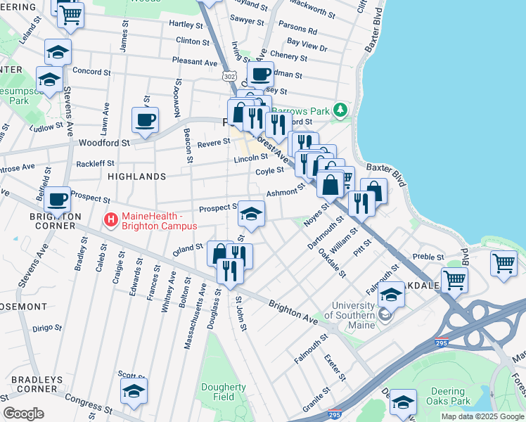 map of restaurants, bars, coffee shops, grocery stores, and more near 57 Longfellow Street in Portland