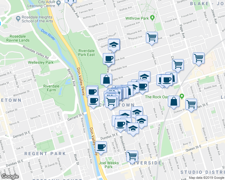 map of restaurants, bars, coffee shops, grocery stores, and more near in Toronto
