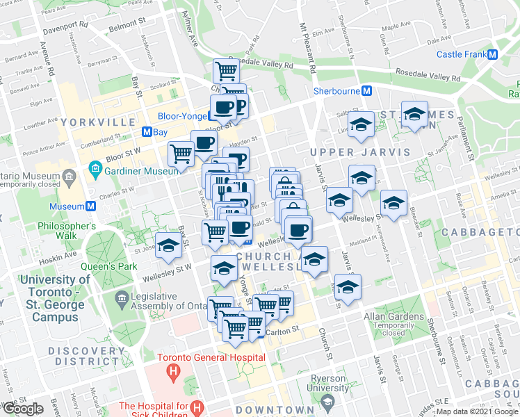 map of restaurants, bars, coffee shops, grocery stores, and more near in Toronto
