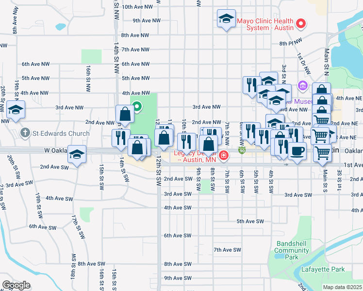 map of restaurants, bars, coffee shops, grocery stores, and more near 1105 Oakland Avenue West in Austin