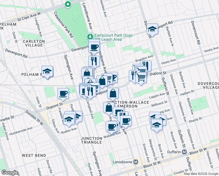 map of restaurants, bars, coffee shops, grocery stores, and more near 1420 Lansdowne Avenue in Toronto