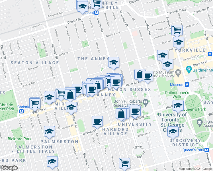 map of restaurants, bars, coffee shops, grocery stores, and more near 7 Walmer Road in Toronto