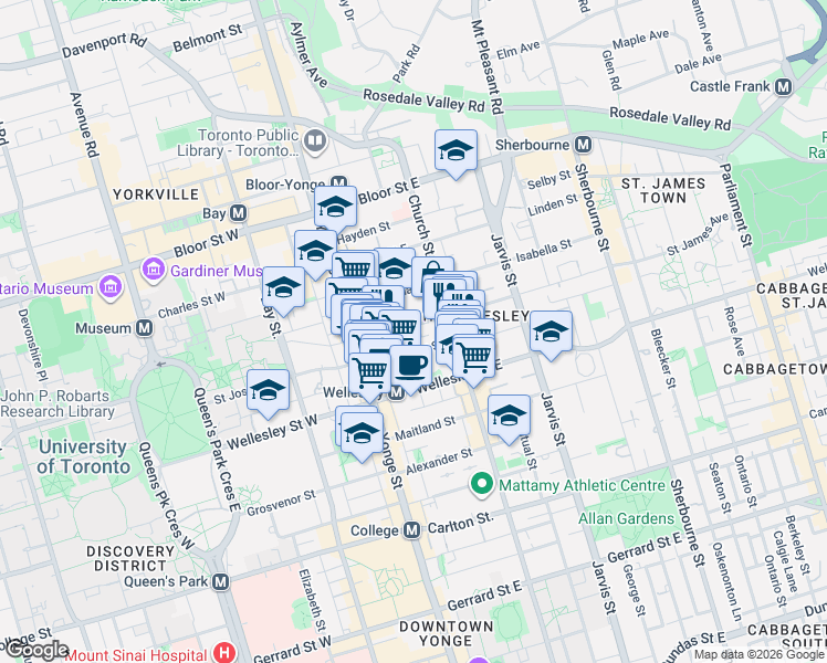 map of restaurants, bars, coffee shops, grocery stores, and more near 47 Gloucester Street in Toronto