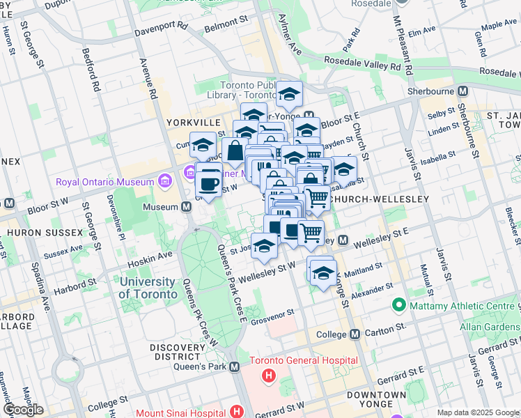 map of restaurants, bars, coffee shops, grocery stores, and more near 65 Saint Mary Street in Toronto