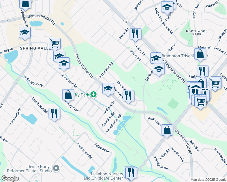 map of restaurants, bars, coffee shops, grocery stores, and more near 66 Speedwell Street in Brampton