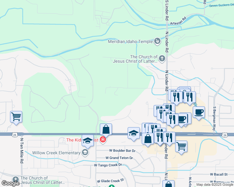 map of restaurants, bars, coffee shops, grocery stores, and more near 2101 Almaden Drive in Meridian