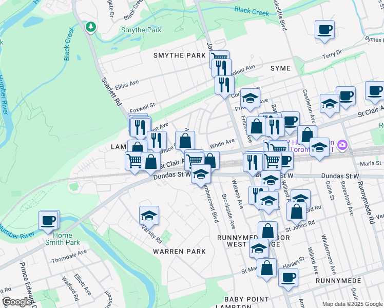 map of restaurants, bars, coffee shops, grocery stores, and more near 2226 Dundas Street West in Toronto