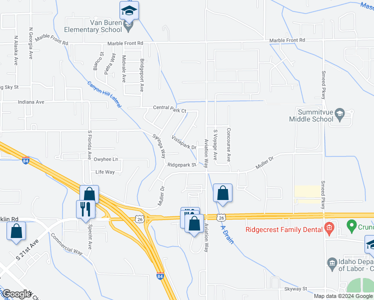 map of restaurants, bars, coffee shops, grocery stores, and more near 3520 Vistapark Drive in Caldwell