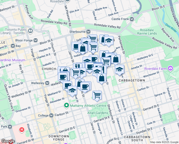 map of restaurants, bars, coffee shops, grocery stores, and more near 120 Homewood Avenue in Toronto