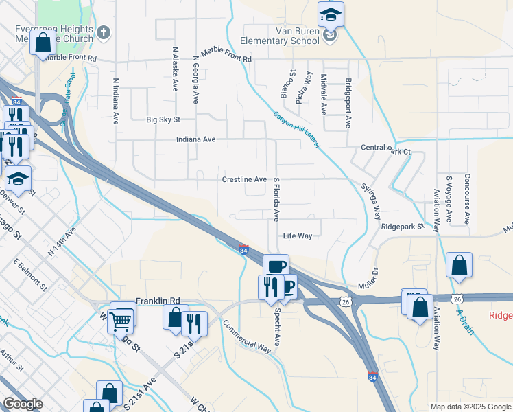 map of restaurants, bars, coffee shops, grocery stores, and more near 520 South Florida Avenue in Caldwell