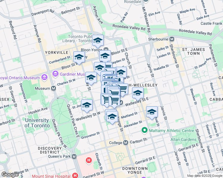 map of restaurants, bars, coffee shops, grocery stores, and more near 611 B Yonge Street in Toronto