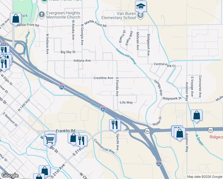 map of restaurants, bars, coffee shops, grocery stores, and more near 520 South Florida Avenue in Caldwell