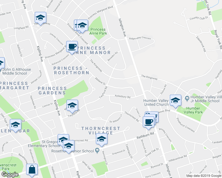 map of restaurants, bars, coffee shops, grocery stores, and more near 26 Abilene Drive in Toronto