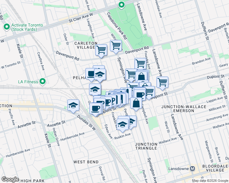 map of restaurants, bars, coffee shops, grocery stores, and more near 442 Perth Avenue in Toronto