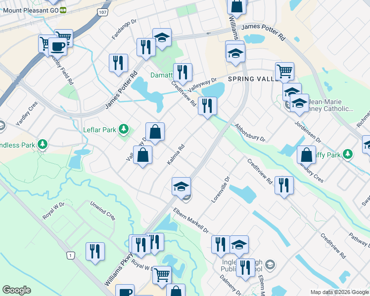 map of restaurants, bars, coffee shops, grocery stores, and more near in Brampton