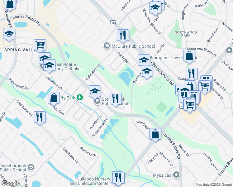 map of restaurants, bars, coffee shops, grocery stores, and more near 11 Durango Drive in Brampton