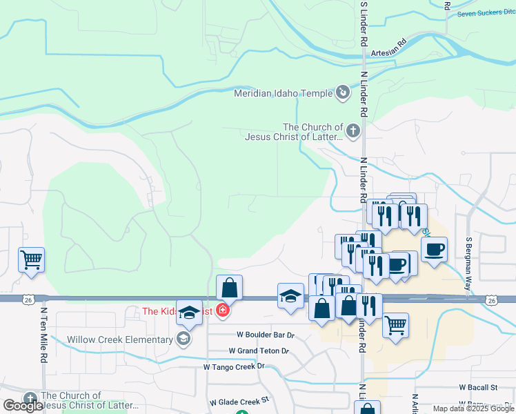 map of restaurants, bars, coffee shops, grocery stores, and more near 2101 Almaden Drive in Meridian