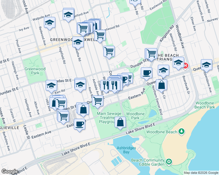 map of restaurants, bars, coffee shops, grocery stores, and more near in Toronto