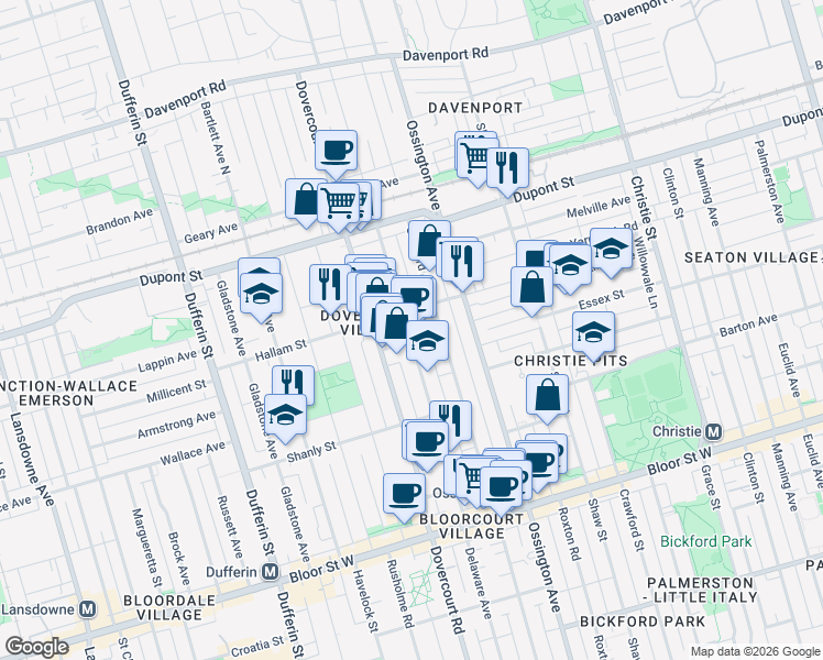 map of restaurants, bars, coffee shops, grocery stores, and more near 391 Delaware Avenue in Toronto