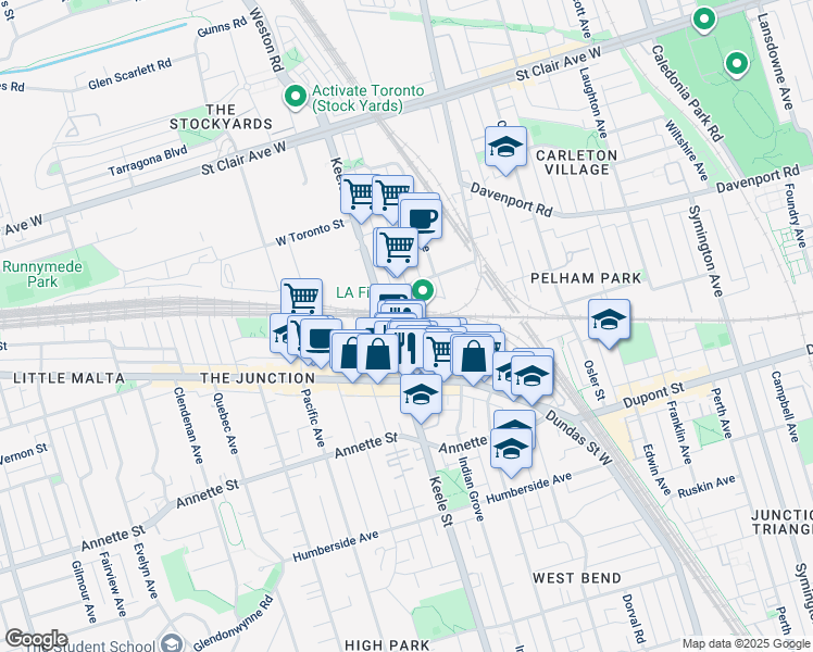 map of restaurants, bars, coffee shops, grocery stores, and more near 60 Heintzman Street in Toronto