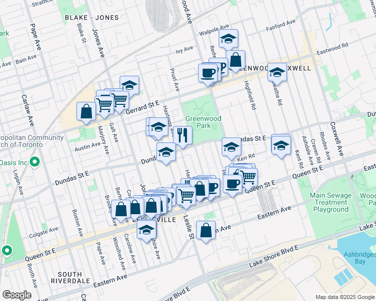 map of restaurants, bars, coffee shops, grocery stores, and more near 1569 Dundas Street East in Toronto