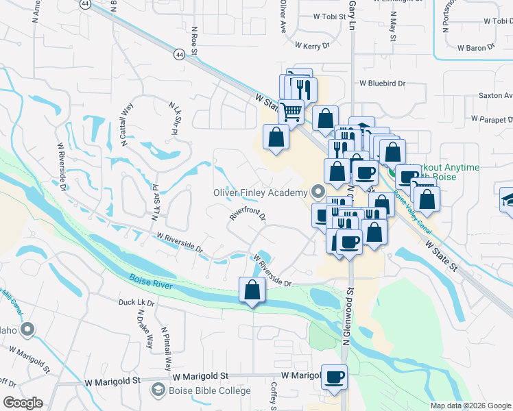 map of restaurants, bars, coffee shops, grocery stores, and more near 5000 North Riverfront Drive in Garden City