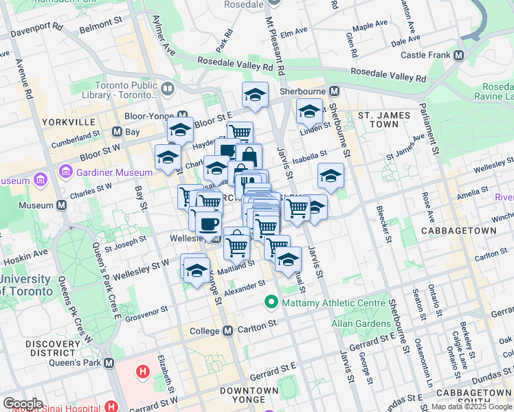 map of restaurants, bars, coffee shops, grocery stores, and more near 519 Church Street in Toronto