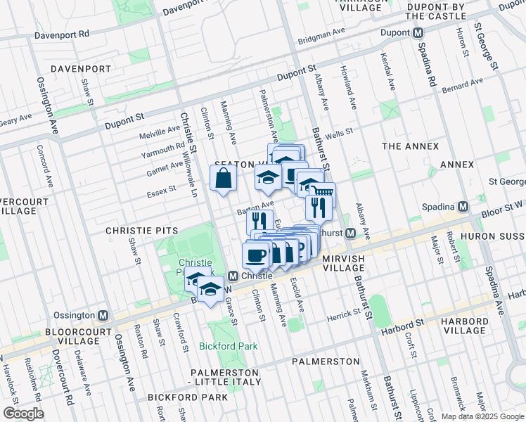 map of restaurants, bars, coffee shops, grocery stores, and more near 91 Barton Avenue in Toronto