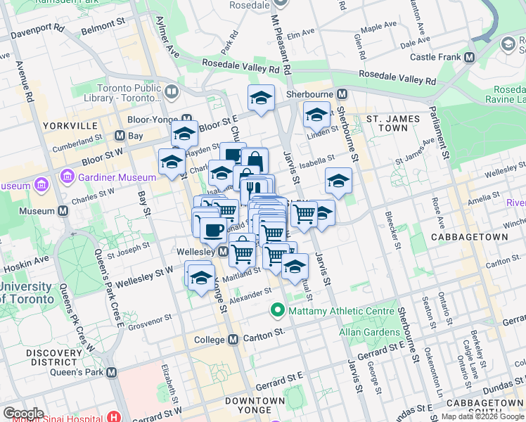 map of restaurants, bars, coffee shops, grocery stores, and more near 551 Church Street in Toronto