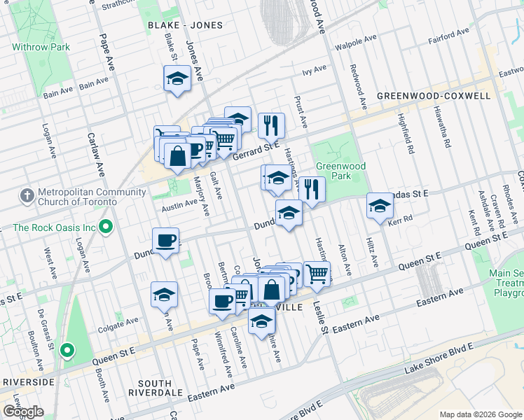 map of restaurants, bars, coffee shops, grocery stores, and more near 138 Curzon Street in Toronto