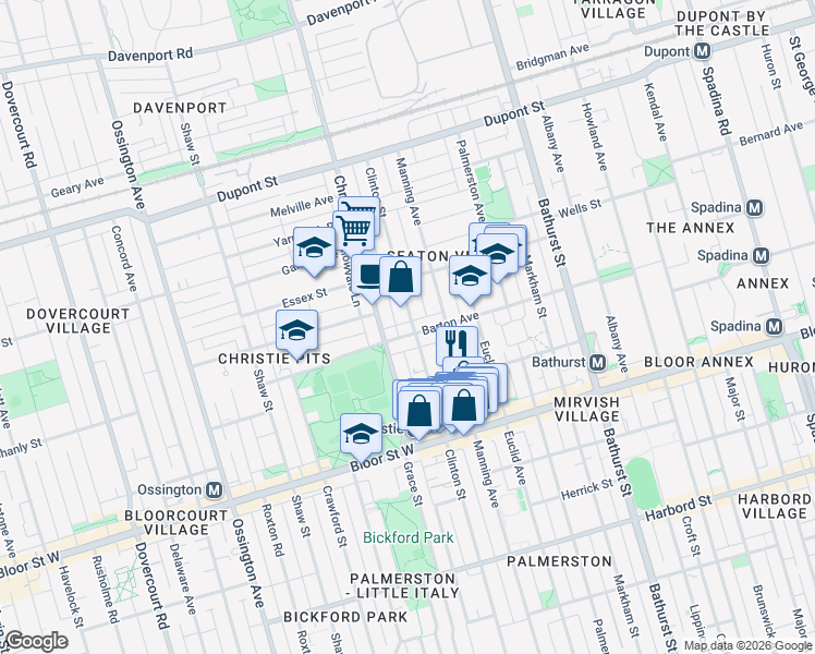 map of restaurants, bars, coffee shops, grocery stores, and more near 470 Clinton Street in Toronto