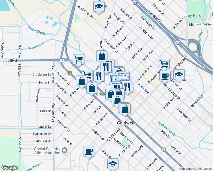 map of restaurants, bars, coffee shops, grocery stores, and more near 205 South 6th Avenue in Caldwell
