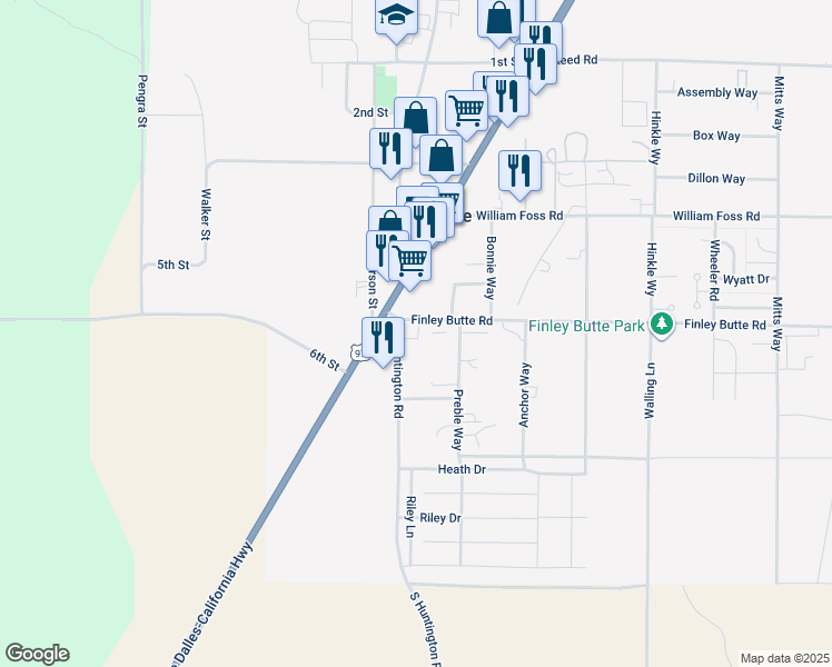 map of restaurants, bars, coffee shops, grocery stores, and more near 51382 Huntington Road in La Pine