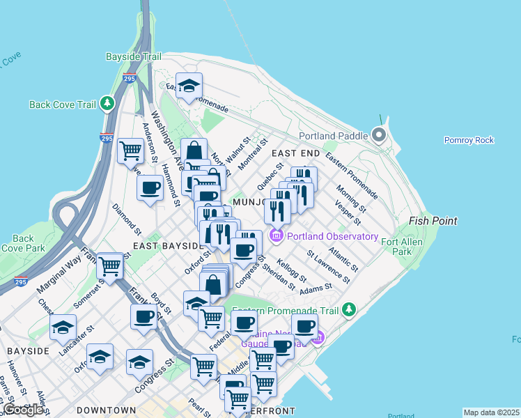 map of restaurants, bars, coffee shops, grocery stores, and more near 32 North Street in Portland