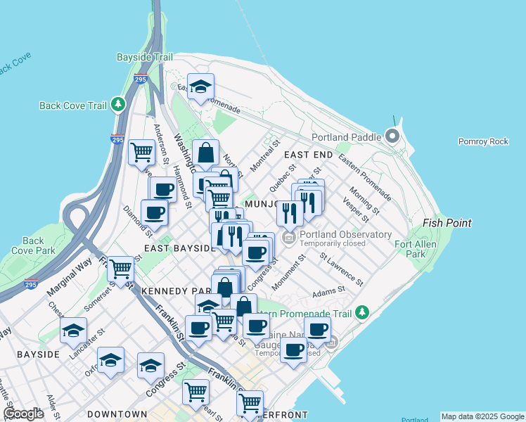 map of restaurants, bars, coffee shops, grocery stores, and more near 32 North Street in Portland